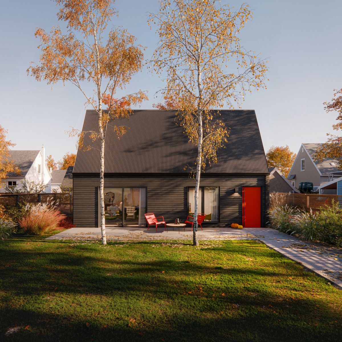 Rendu 3D d’un logement accessoire doté d'un revêtement extérieur noir saisissant avec des notes de rouge, situé dans une cour arrière, en automne. De grandes portes coulissantes s’ouvrent sur un patio.